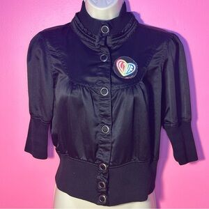 Satin Cropped Button-Up Jacket - Fitted Waist - Black - Kids(Teen) Large